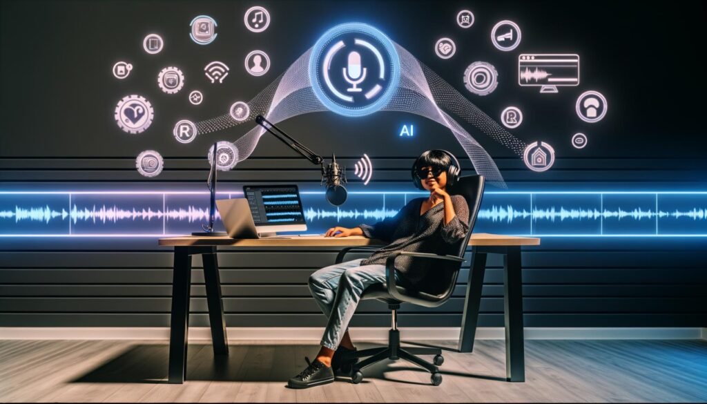 Junger Podcaster mit Kopfhörern und Mikrofon im modernen Home-Studio, umgeben von holografischen Symbolen für KI-Tools und Visualisierungen automatisierter Produktionsprozesse.