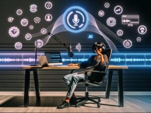 Junger Podcaster mit Kopfhörern und Mikrofon im modernen Home-Studio, umgeben von holografischen Symbolen für KI-Tools und Visualisierungen automatisierter Produktionsprozesse.