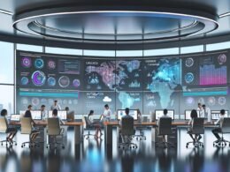 Minimalistische, futuristische Schaltzentrale mit internationalen Marketing-Profis, die an Laptops vor großen Monitoren mit digitalen Tools und Weltkarte arbeiten.