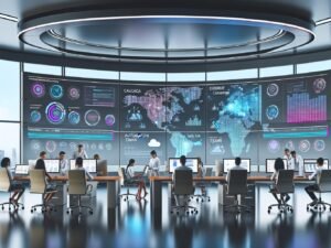 Minimalistische, futuristische Schaltzentrale mit internationalen Marketing-Profis, die an Laptops vor großen Monitoren mit digitalen Tools und Weltkarte arbeiten.