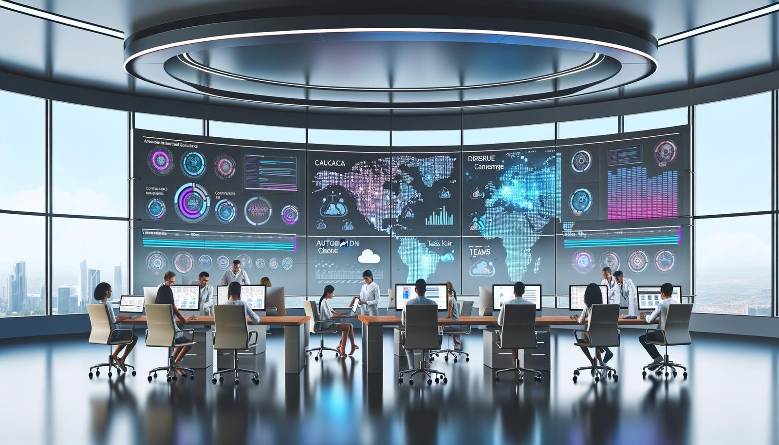 Minimalistische, futuristische Schaltzentrale mit internationalen Marketing-Profis, die an Laptops vor großen Monitoren mit digitalen Tools und Weltkarte arbeiten.