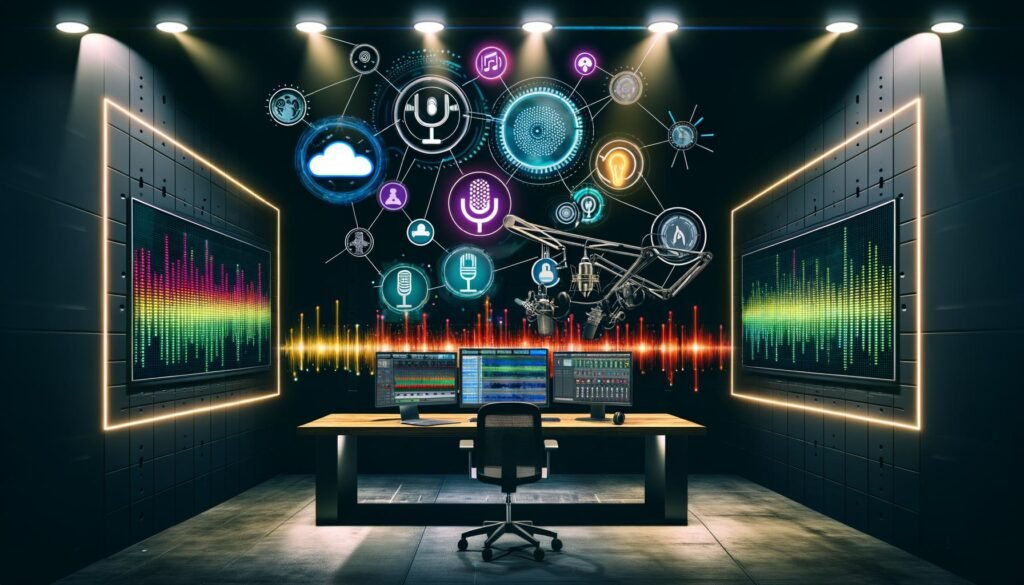 Futuristischer Podcast-Arbeitsplatz mit modernem Aufnahme-Equipment, Audio-Interface, Bearbeitungssoftware und vernetzten Plattformen wie Spotify, Apple Podcasts und Google Podcasts.