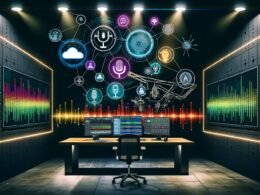 Futuristischer Podcast-Arbeitsplatz mit modernem Aufnahme-Equipment, Audio-Interface, Bearbeitungssoftware und vernetzten Plattformen wie Spotify, Apple Podcasts und Google Podcasts.