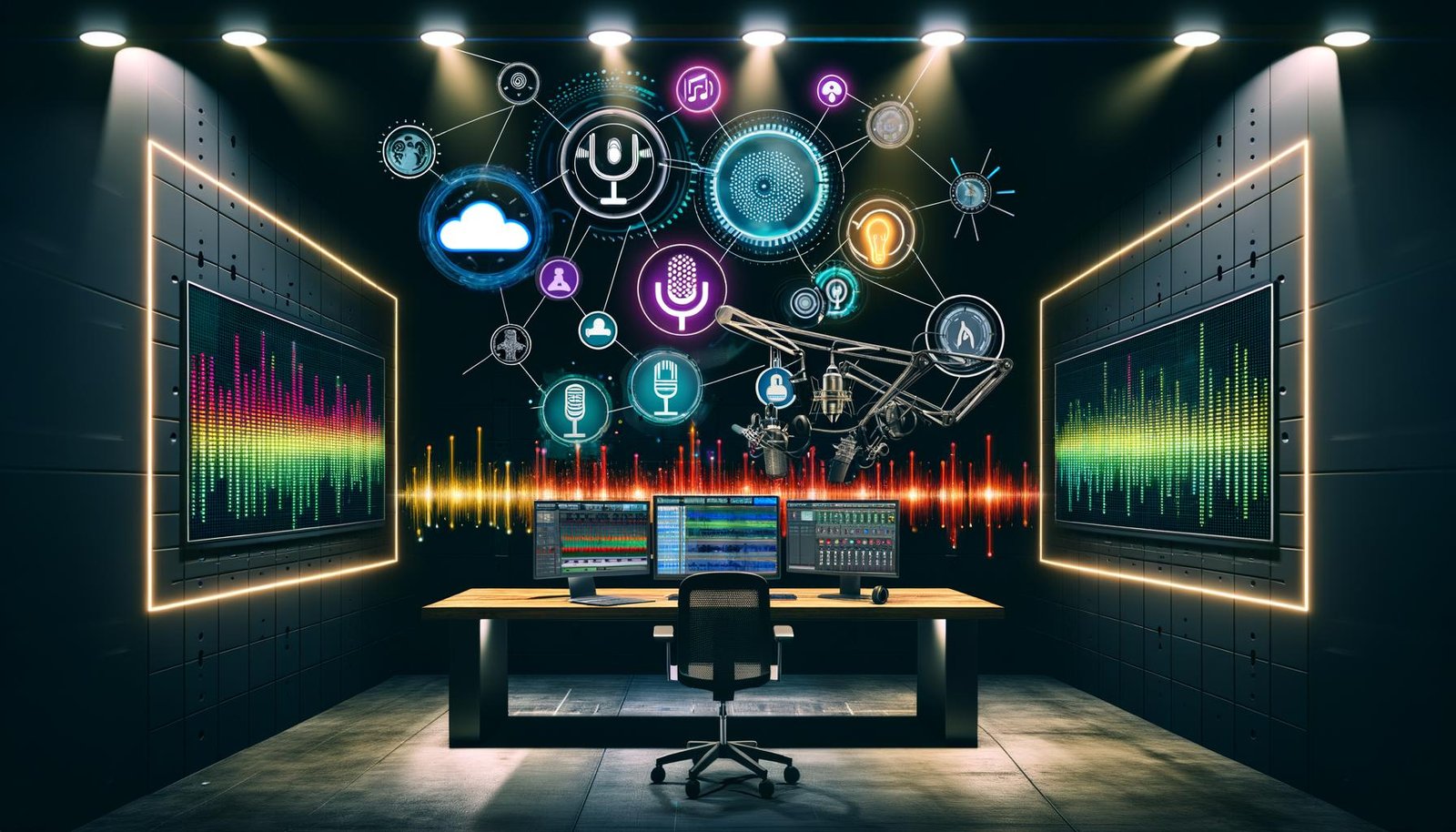 Futuristischer Podcast-Arbeitsplatz mit modernem Aufnahme-Equipment, Audio-Interface, Bearbeitungssoftware und vernetzten Plattformen wie Spotify, Apple Podcasts und Google Podcasts.