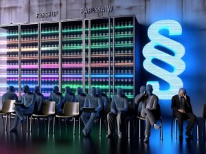 Gelangweilte Menschen im digitalen Wartezimmer eines Jobcenters mit verschleierten Gesichtern, bunten Datenströmen und einem großen Neon-Paragrafen an der Wand.