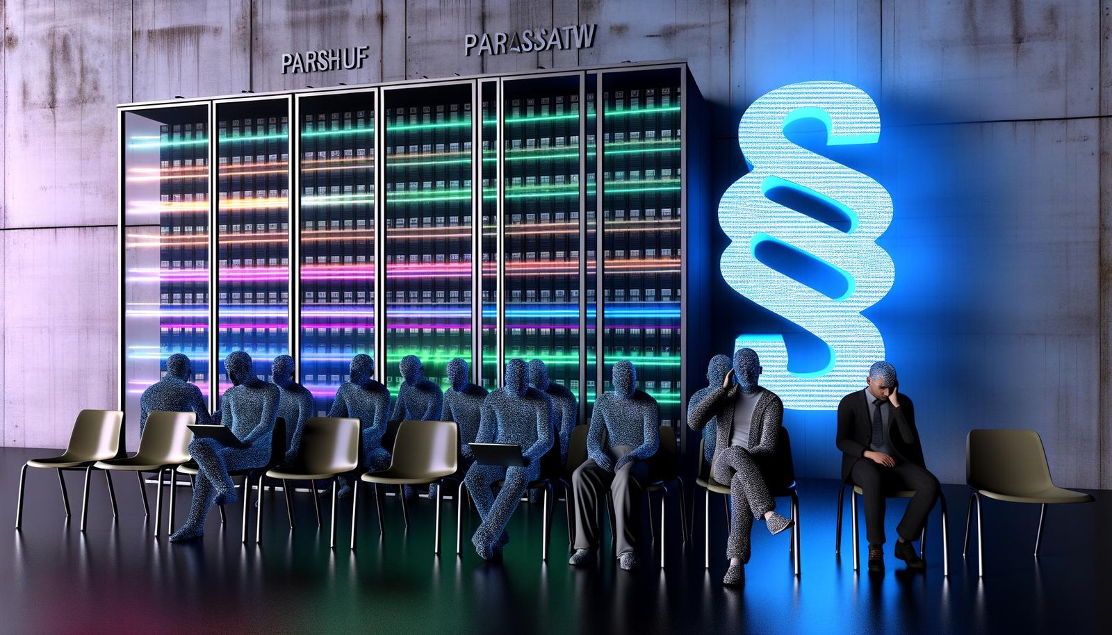 Gelangweilte Menschen im digitalen Wartezimmer eines Jobcenters mit verschleierten Gesichtern, bunten Datenströmen und einem großen Neon-Paragrafen an der Wand.