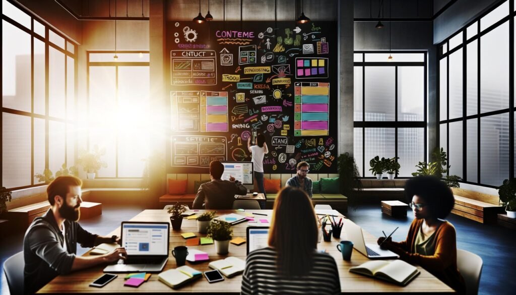 Illustration eines modernen, diversen Content-Teams in kreativ-ambitionierter Atmosphäre eines stylischen Büro-Lofts mit Whiteboard, digitalen Geräten und Projektmanagement-Apps.