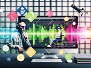 Stylishe Person mit Kopfhörern und Mikrofon vor Podcast-Software, daneben virtuelle Realität mit bunten VR-Brillen und 3D-Modellen, dazu strukturierte Website-Layouts mit Accessibility-Symbolen und SEO-Icons auf hellem, futuristischem Hintergrund.