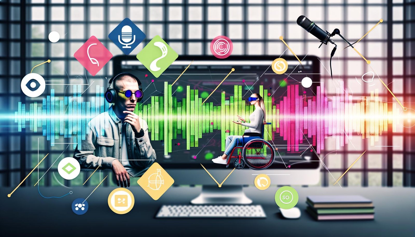Stylishe Person mit Kopfhörern und Mikrofon vor Podcast-Software, daneben virtuelle Realität mit bunten VR-Brillen und 3D-Modellen, dazu strukturierte Website-Layouts mit Accessibility-Symbolen und SEO-Icons auf hellem, futuristischem Hintergrund.