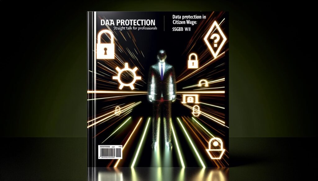 Modernes Magazincover zeigt eine stilisierte Figur in Business-Kleidung vor digitalen Datenschutzsymbolen, verschlüsselten Codes und dem Titel ‚Datenschutz beim Bürgergeld: Klartext für Profis‘.