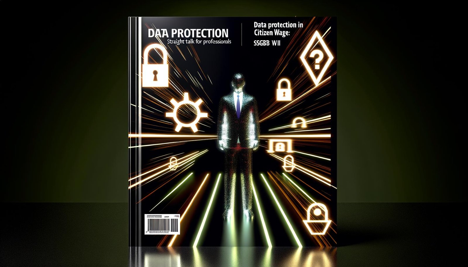 Modernes Magazincover zeigt eine stilisierte Figur in Business-Kleidung vor digitalen Datenschutzsymbolen, verschlüsselten Codes und dem Titel ‚Datenschutz beim Bürgergeld: Klartext für Profis‘.