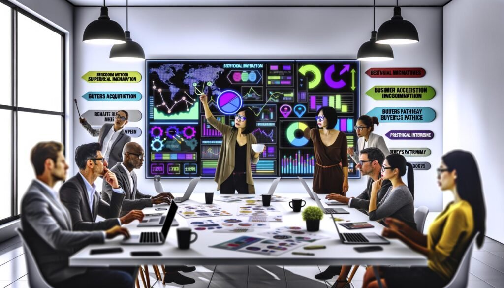 Business-Team analysiert Analytics und KPIs auf großem interaktiven Dashboard im modernen Büro mit Fokus auf relevante Marketing-Metriken.