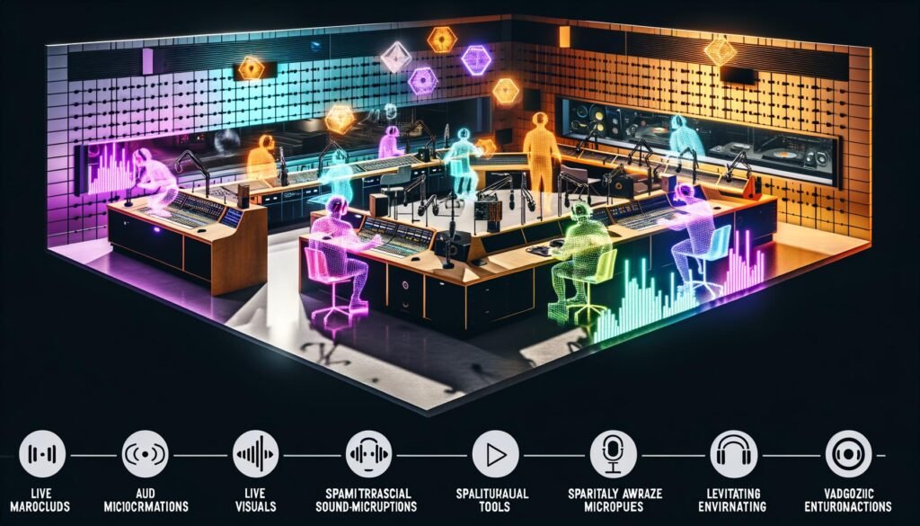 Futuristisches Aufnahmestudio mit Creators in XR-Headsets, Hightech-Audioequipment, holografischen Mischkonsolen und überlappenden virtuellen Umgebungen.