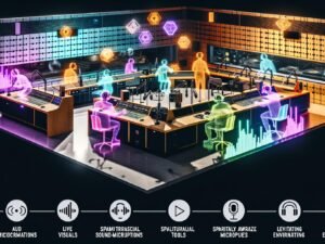 Futuristisches Aufnahmestudio mit Creators in XR-Headsets, Hightech-Audioequipment, holografischen Mischkonsolen und überlappenden virtuellen Umgebungen.