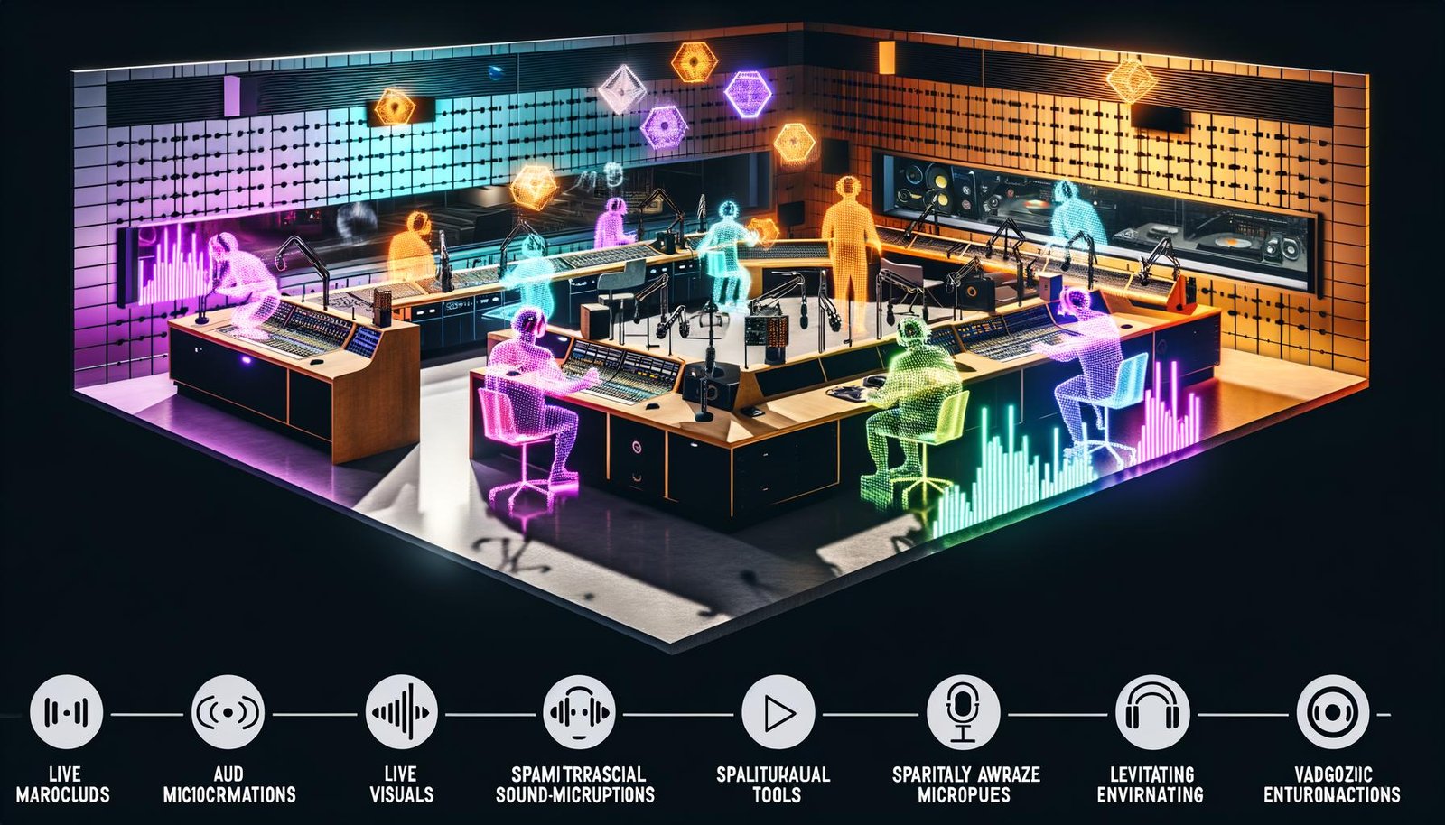 Futuristisches Aufnahmestudio mit Creators in XR-Headsets, Hightech-Audioequipment, holografischen Mischkonsolen und überlappenden virtuellen Umgebungen.