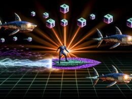 Futuristische Kampfszene: Metallische Haie jagen durch einen digitalen Datenozean um Content-, SEO- und Strategie-Blöcke, während eine Geschäftsperson auf einem leuchtenden Analytik-Surfbrett das Chaos meistert.