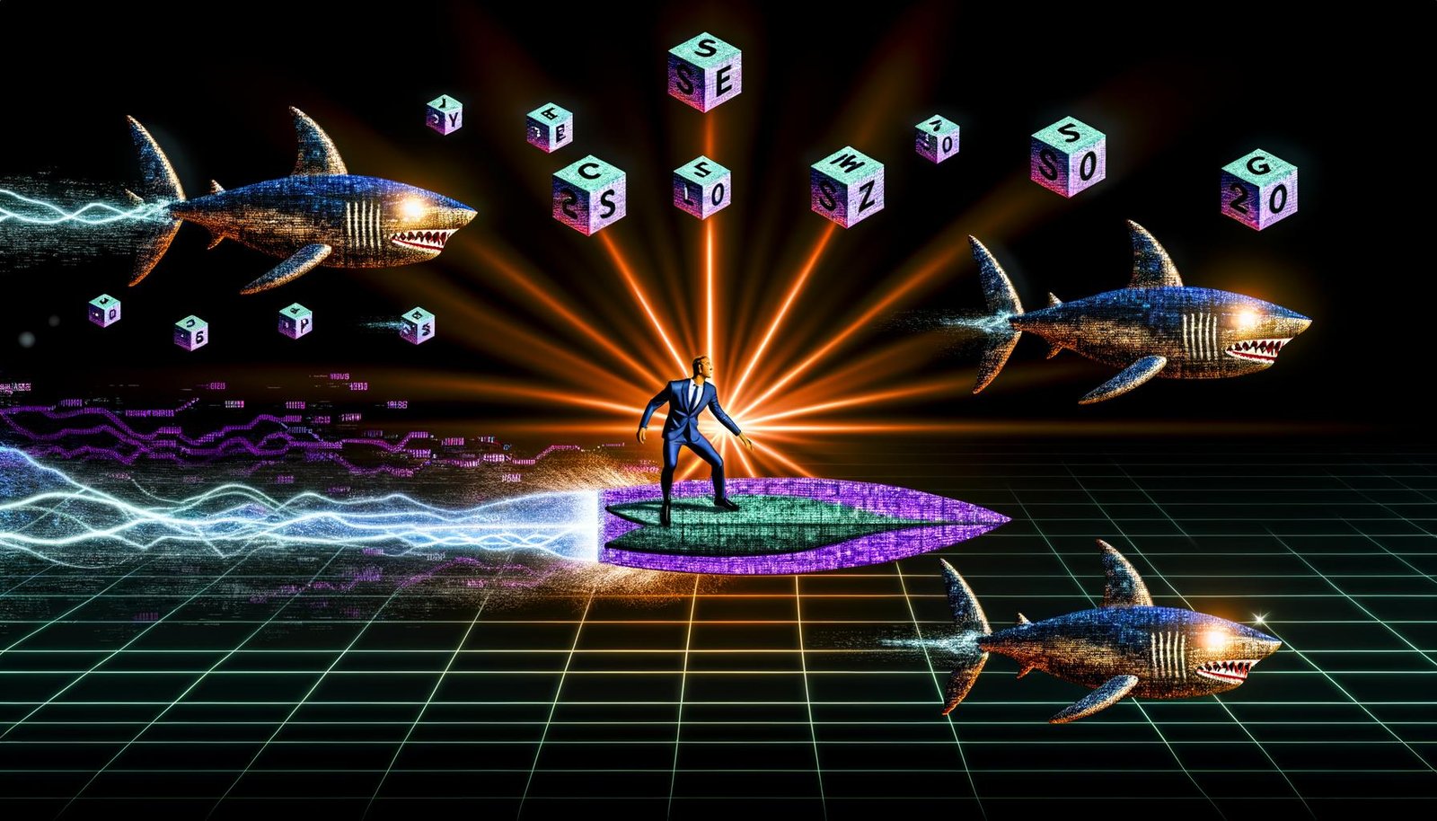 Futuristische Kampfszene: Metallische Haie jagen durch einen digitalen Datenozean um Content-, SEO- und Strategie-Blöcke, während eine Geschäftsperson auf einem leuchtenden Analytik-Surfbrett das Chaos meistert.