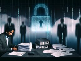 Illustration eines deutschen Amtszimmers mit Bürger, Dokumenten, Behördenmitarbeitern, digitalen Datenströmen, Cloud-Server und gerissenem Datenschutzsymbol