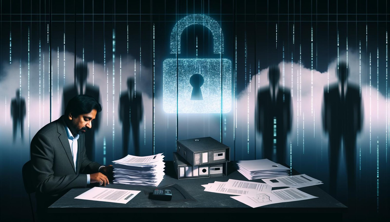 Illustration eines deutschen Amtszimmers mit Bürger, Dokumenten, Behördenmitarbeitern, digitalen Datenströmen, Cloud-Server und gerissenem Datenschutzsymbol