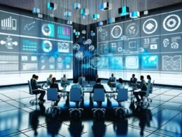 Futuristischer Büroraum mit großem interaktiven Dashboard, Analysediagrammen und Team aus verschiedenen Fachleuten an digitalen Arbeitsplätzen