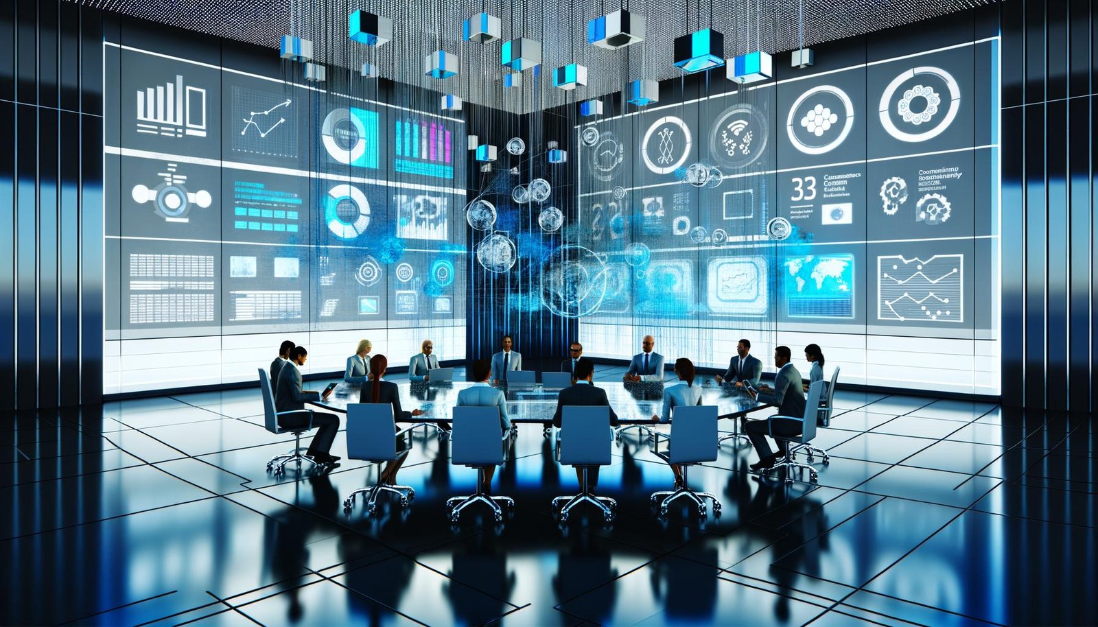 Futuristischer Büroraum mit großem interaktiven Dashboard, Analysediagrammen und Team aus verschiedenen Fachleuten an digitalen Arbeitsplätzen