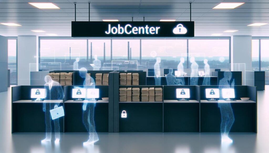 Modernes deutsches Jobcenter mit digitaler Technik, Computerbildschirmen, Papierakten, Datenströmen und interagierenden Silhouetten von Mitarbeitenden und Bürgern. Atmosphärische Darstellung von Chancen und Risiken durch Digitalisierung.