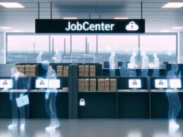 Modernes deutsches Jobcenter mit digitaler Technik, Computerbildschirmen, Papierakten, Datenströmen und interagierenden Silhouetten von Mitarbeitenden und Bürgern. Atmosphärische Darstellung von Chancen und Risiken durch Digitalisierung.