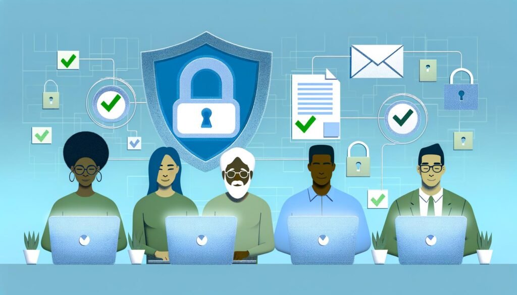 Digitale Bürgergeld-Plattform mit diversen Menschen, Datenschutzsymbolen und verschlüsselten Datenströmen in moderner, minimalistischer Illustration