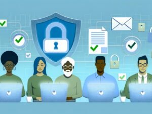 Digitale Bürgergeld-Plattform mit diversen Menschen, Datenschutzsymbolen und verschlüsselten Datenströmen in moderner, minimalistischer Illustration