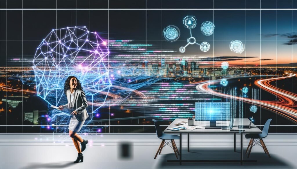 Dynamische Szene: Marketerin vor digitalem Arbeitsplatz mit leuchtenden Algorithmen, neuronalen Netzwerken, Diagrammen und PyTorch-Logos, urbaner Ausblick auf Smart City im Abendlicht.