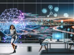 Dynamische Szene: Marketerin vor digitalem Arbeitsplatz mit leuchtenden Algorithmen, neuronalen Netzwerken, Diagrammen und PyTorch-Logos, urbaner Ausblick auf Smart City im Abendlicht.