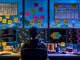 Moderner Arbeitsplatz eines Ingenieurs bei Nacht mit drei Monitoren, die Code, PyTorch-Graphen und GPU-Statistiken anzeigen, umgeben von Technikbüchern und Notizen.