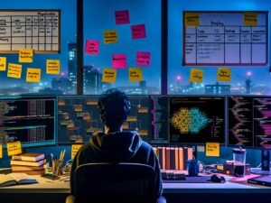 Moderner Arbeitsplatz eines Ingenieurs bei Nacht mit drei Monitoren, die Code, PyTorch-Graphen und GPU-Statistiken anzeigen, umgeben von Technikbüchern und Notizen.