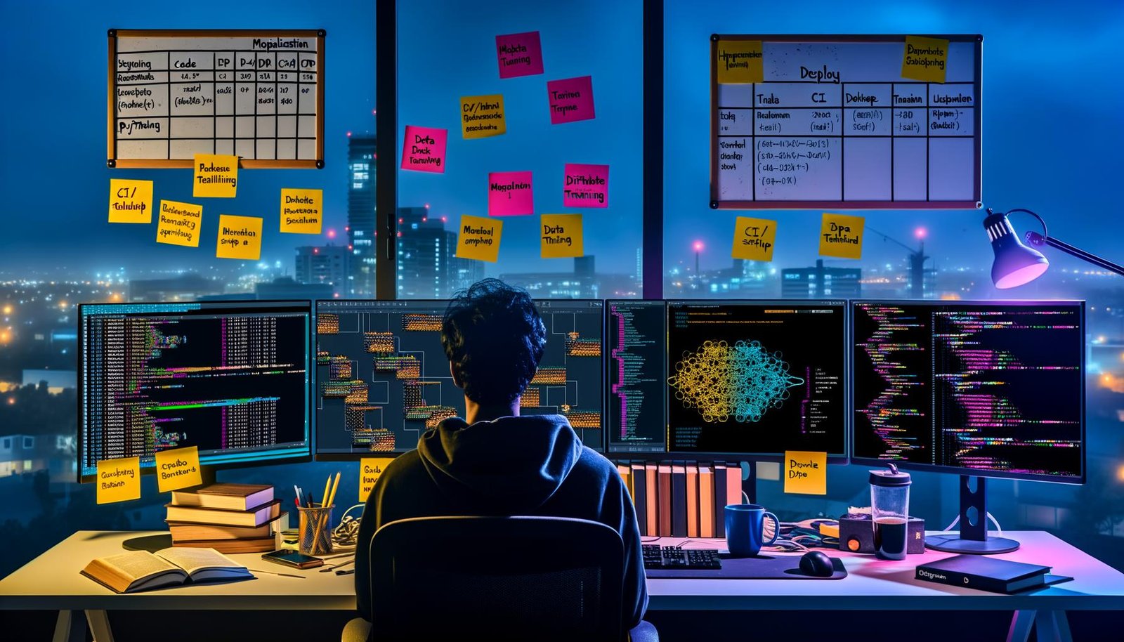 Moderner Arbeitsplatz eines Ingenieurs bei Nacht mit drei Monitoren, die Code, PyTorch-Graphen und GPU-Statistiken anzeigen, umgeben von Technikbüchern und Notizen.