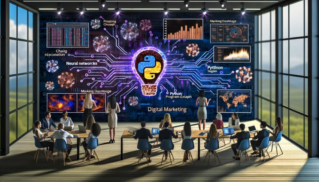 Modernes digitales Marketingbüro mit PyTorch-Flamme, Datenvisualisierungen, Python-Code und kreativen Marketern bei der Zusammenarbeit