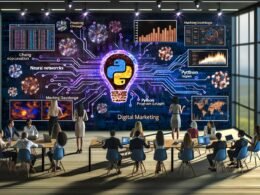 Modernes digitales Marketingbüro mit PyTorch-Flamme, Datenvisualisierungen, Python-Code und kreativen Marketern bei der Zusammenarbeit