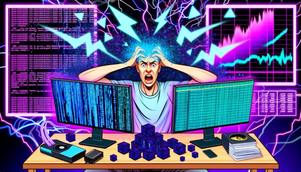 Illustration eines frustrierten Data Scientists mit Code, Monitoren und leuchtenden Tensor-Würfeln, umgeben von technischen Diagrammen zur Effizienz und Geschwindigkeit während einer PyTorch-Optimierung.