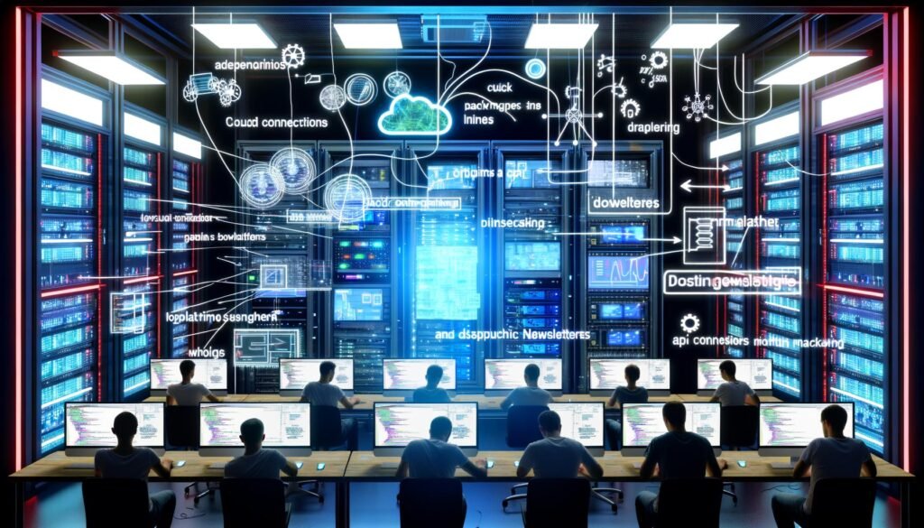 Dynamischer Maschinenraum mit Entwicklern, Laptops, Cloud-Dashboard und digitaler Marketing-Technologie bei nächtlichem Hackathon