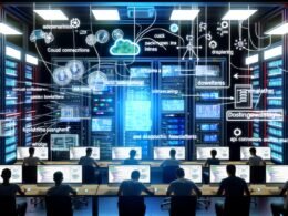 Dynamischer Maschinenraum mit Entwicklern, Laptops, Cloud-Dashboard und digitaler Marketing-Technologie bei nächtlichem Hackathon