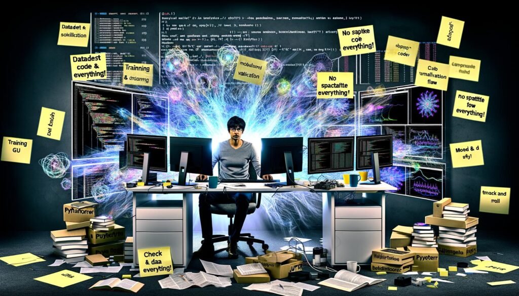 Entschlossener Data Scientist arbeitet in modernem, lebendigem Büro mit PyTorch-Monitoren, Whiteboard-Flowchart und Kaffeetassen, inspiriert von intensiver KI-Programmierung.