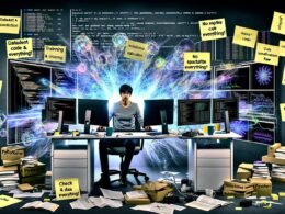 Entschlossener Data Scientist arbeitet in modernem, lebendigem Büro mit PyTorch-Monitoren, Whiteboard-Flowchart und Kaffeetassen, inspiriert von intensiver KI-Programmierung.