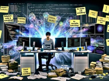 Entschlossener Data Scientist arbeitet in modernem, lebendigem Büro mit PyTorch-Monitoren, Whiteboard-Flowchart und Kaffeetassen, inspiriert von intensiver KI-Programmierung.