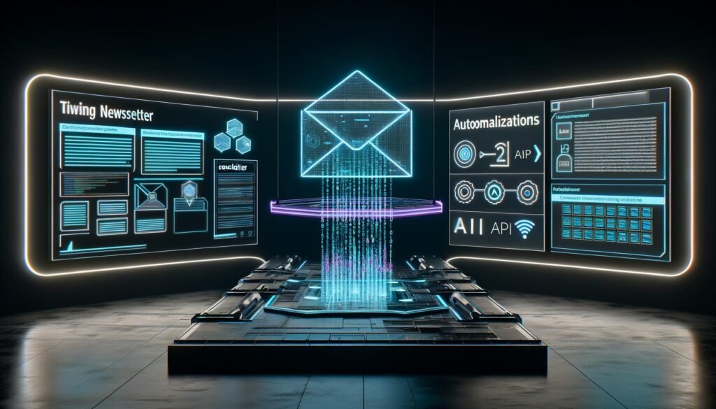 Futuristischer Workspace mit holographischen Monitoren, automatisierten Newsletter-Prozessen, KI-Dashboard, Echtzeit-Statistiken und digital schwebendem Newsletter im urbanen, neonbeleuchteten Raum.