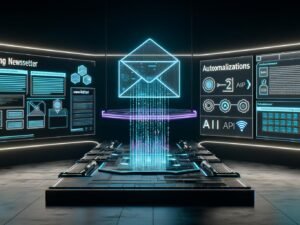 Futuristischer Workspace mit holographischen Monitoren, automatisierten Newsletter-Prozessen, KI-Dashboard, Echtzeit-Statistiken und digital schwebendem Newsletter im urbanen, neonbeleuchteten Raum.