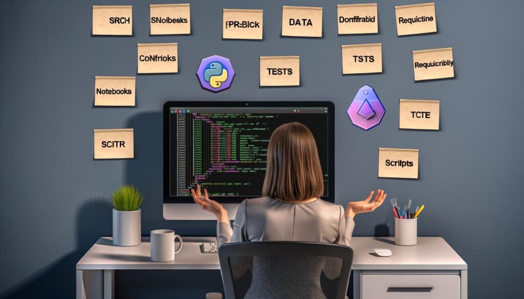 Entwickler an einem aufgeräumten Schreibtisch startet ein neues PyTorch-Projekt mit logischer Ordnerstruktur und wichtigen technischen Notizen auf dem Monitor.