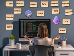 Entwickler an einem aufgeräumten Schreibtisch startet ein neues PyTorch-Projekt mit logischer Ordnerstruktur und wichtigen technischen Notizen auf dem Monitor.