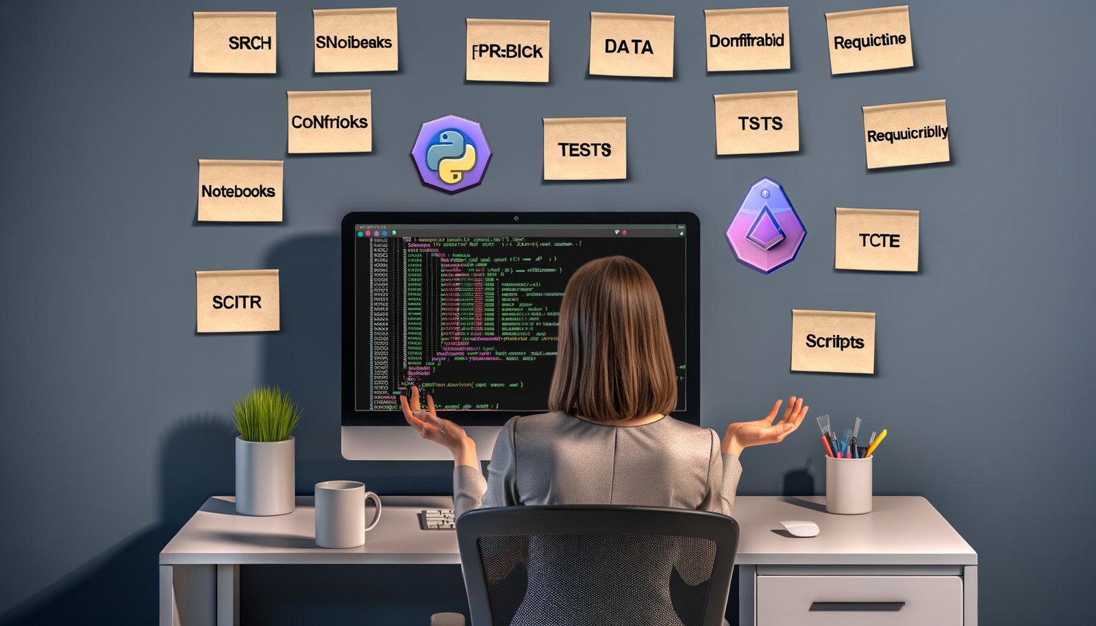 Entwickler an einem aufgeräumten Schreibtisch startet ein neues PyTorch-Projekt mit logischer Ordnerstruktur und wichtigen technischen Notizen auf dem Monitor.