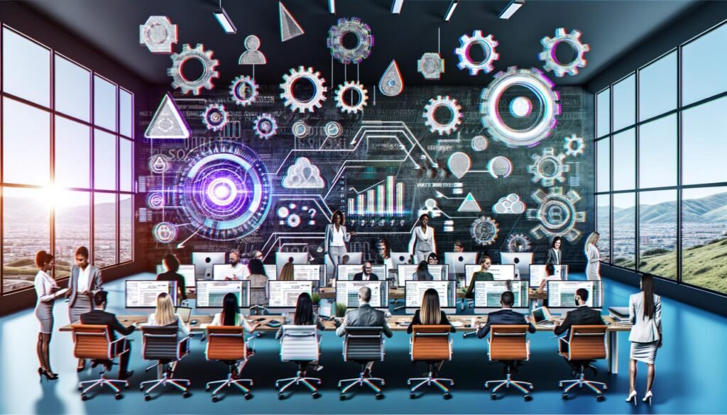 Vielseitige Fachkräfte in einem digitalen Marketingbüro analysieren Daten, gestalten Nutzererfahrungen und besprechen Automatisierung vor großen Bildschirmen mit Analysen und Content-Flowcharts, während veraltete Marketingtaktiken in den Hintergrund rücken.