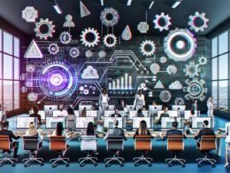 Vielseitige Fachkräfte in einem digitalen Marketingbüro analysieren Daten, gestalten Nutzererfahrungen und besprechen Automatisierung vor großen Bildschirmen mit Analysen und Content-Flowcharts, während veraltete Marketingtaktiken in den Hintergrund rücken.