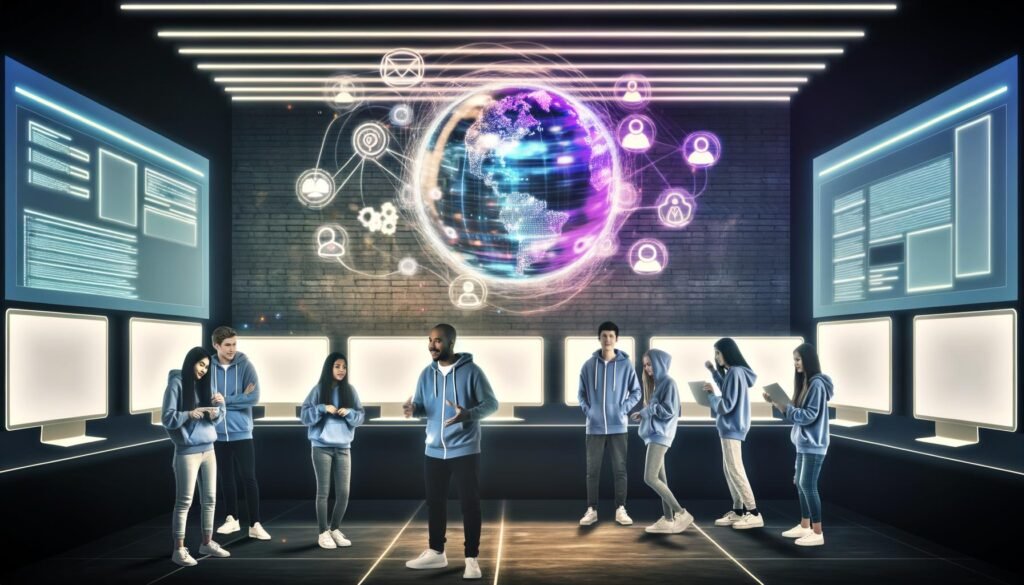 Moderne digitale Illustration von jungen, diversen Entwicklern in einem High-Tech-Kontrollraum mit leuchtenden Bildschirmen, Hologrammen und globaler Vernetzung.